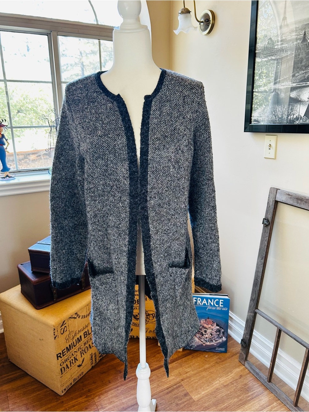 Cyrus Gray Open-Front Knit Long Cardigan Jacket